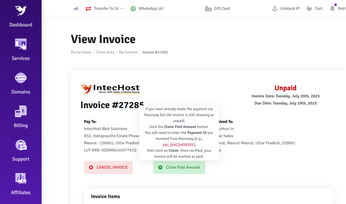 Claim Paid Amount Button Screenshot