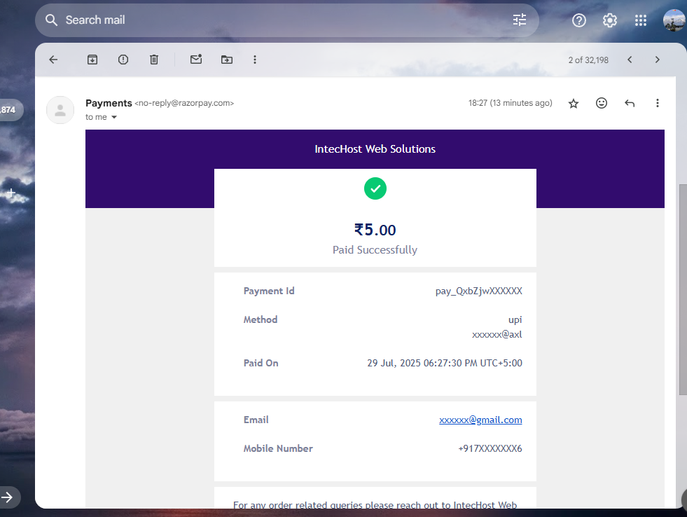 Razorpay Payment Email Screenshot